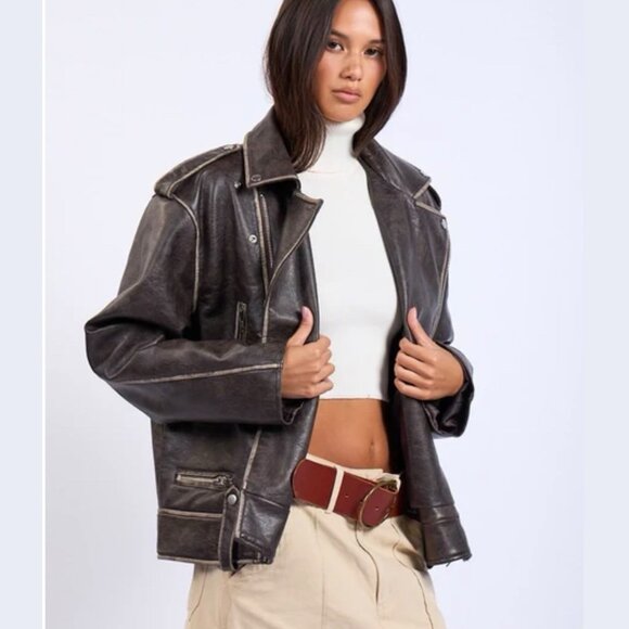 OVERSIZED Vintage Biker Style Vegan Leather Jacket Washed Size S M L Dark Brown - Picture 3 of 10